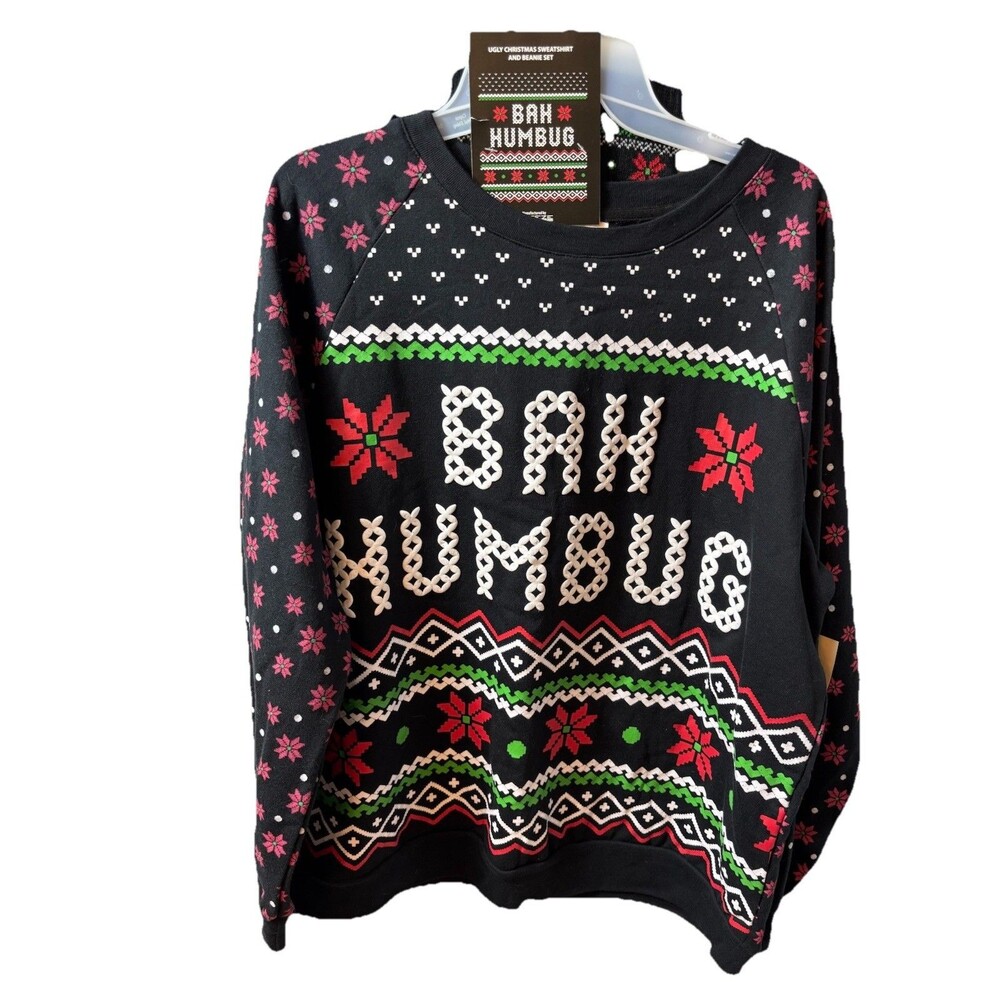 Christmas Woman’s (Jrs) Ugly Sweater Size XL (15-17) Bah Humbug Black W/Beanie